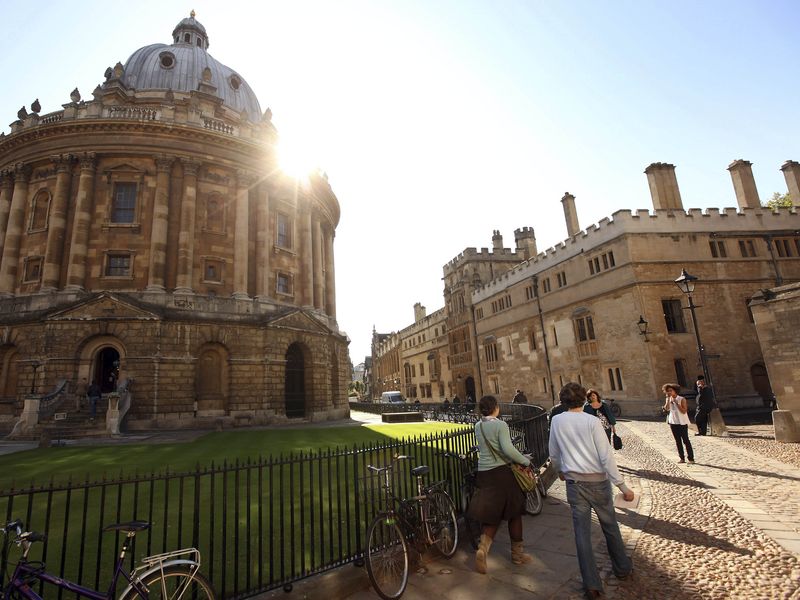 A sunny day view of the Radcliffe Camera building at Oxford University in Oxford, England.