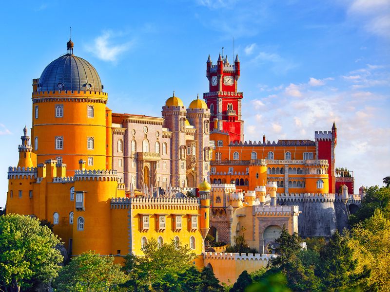 A colorful view of Pena Palace in Sintra, Portugal.