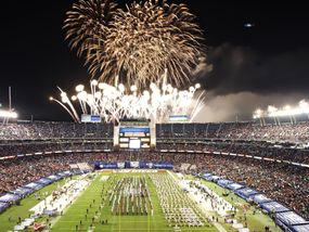 Fireworks light up the night sky over Qualcomm Stadium during the National University Holiday Bowl halftime show.