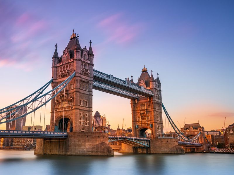 Tower Bridge at sunset in London, England