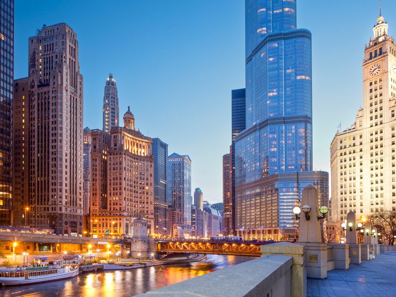 Chicago Riverwalk and cityscape at twilight