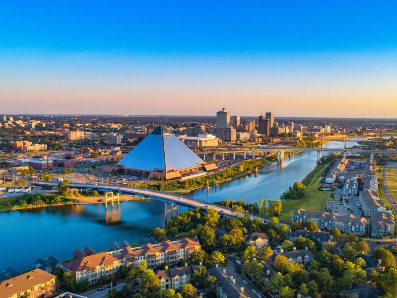 Aerial view of the Memphis skyline during a beautiful sunset.