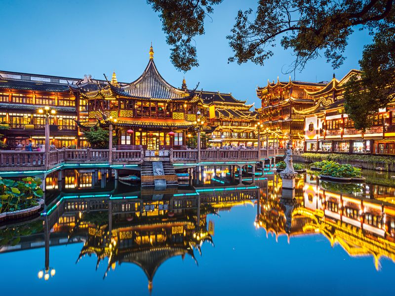 Evening view of Yuyuan Tourist Mart in Shanghai, China