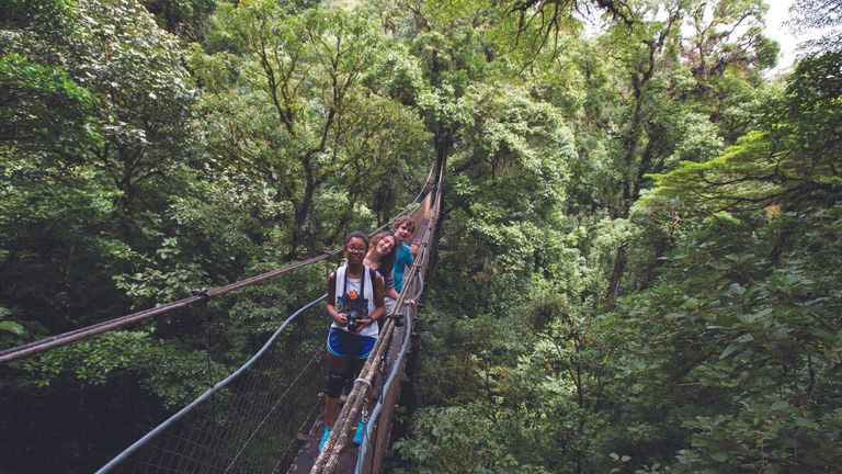 Three teenagers cross a suspension bridge in the rainforest canopy