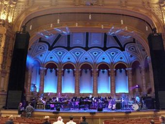 A band playing on a stage in a theater