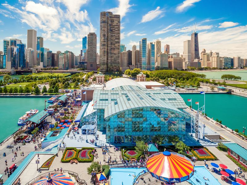 Aerial view of Navy Pier in Chicago, Illinois on a sunny summer day.