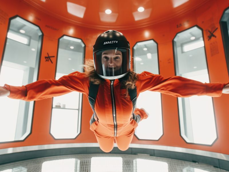 Woman in orange jumpsuit flying in wind tunnel