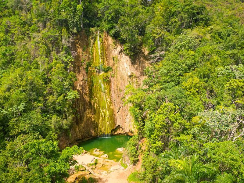 Aerial view of Salto de Jimenoa Uno waterfall in the Dominican Republic.