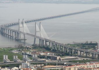 Aerial view of the Vasco da Gama Bridge in Lisbon, Portugal